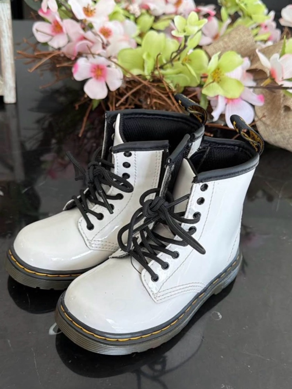Doc Martens White Patent Combat Boots with Black Trim size 8 Toddler
